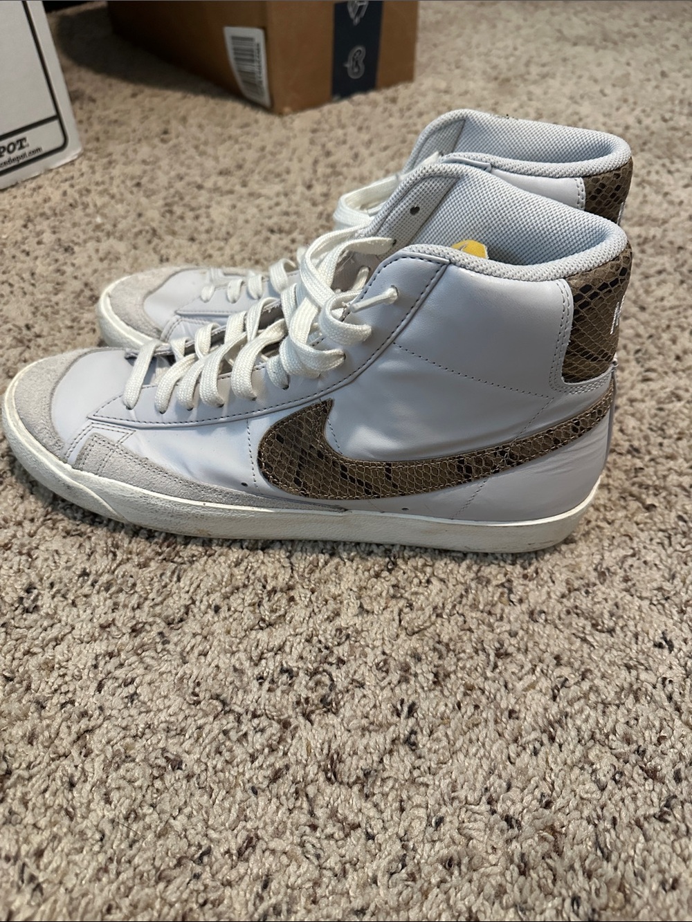 Nike Men’s size 12 White High-Top Sneakers with Brown Snake-Print Swoosh